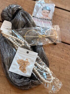 Synthetic Hair Bun With Accessories - Grey & Black - Includes Pearl Necklace Gol